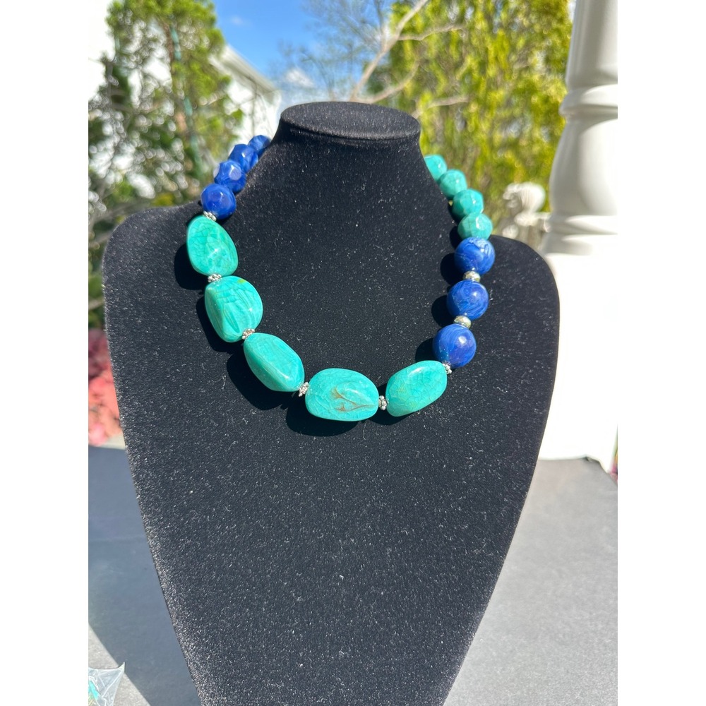 Bold Element Turquoise Cobalt Blue Chunky Statement Bead Necklac Silver Tone NWT